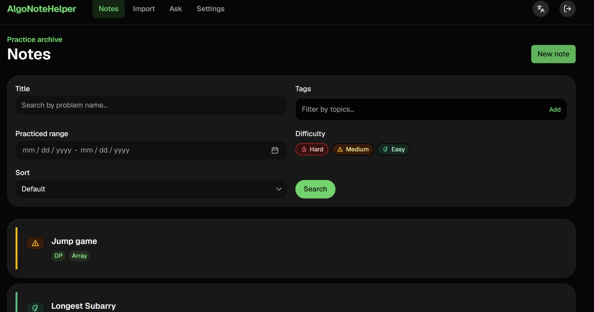 Notes catalog with structured filters